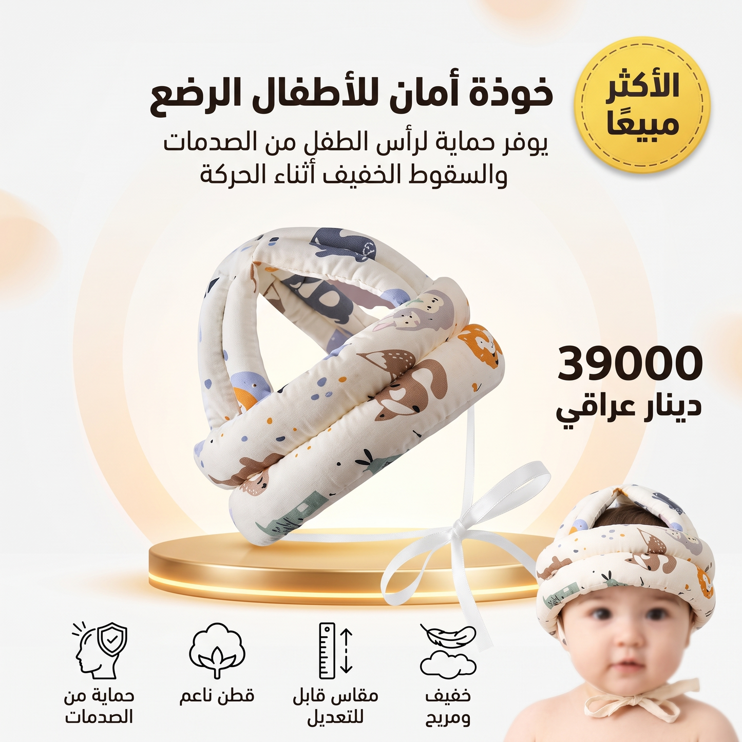 خوذة أمان للأطفال الرضع، قبعة قطنية قابلة للتعديل، حماية للأطفال من الصدمات