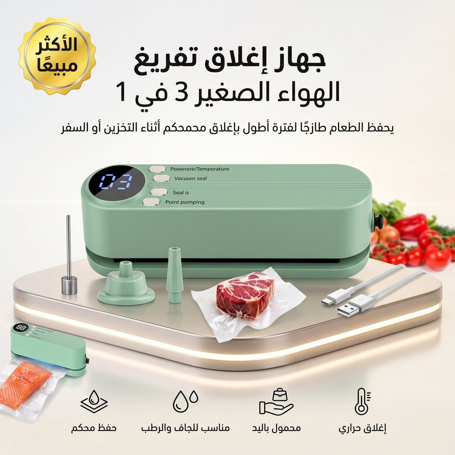 جهاز إغلاق تفريغ الهواء الصغير 3 في 1 لاسلكي لحفظ الطعام الجاف والرطب، محمول باليد مع إغلاق حراري، باللون الأخضر