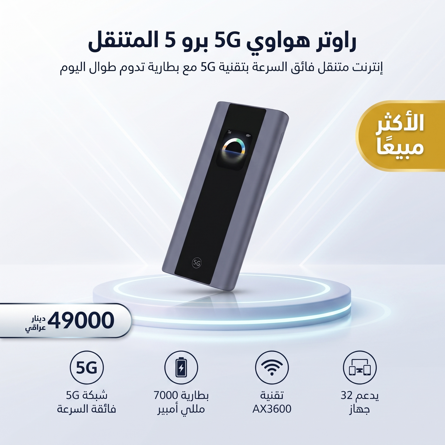 راوتر هواوي 5G برو 5 المتنقل ببطارية 7000 مللي أمبير وتقنية AX3600 يدعم 32 جهاز