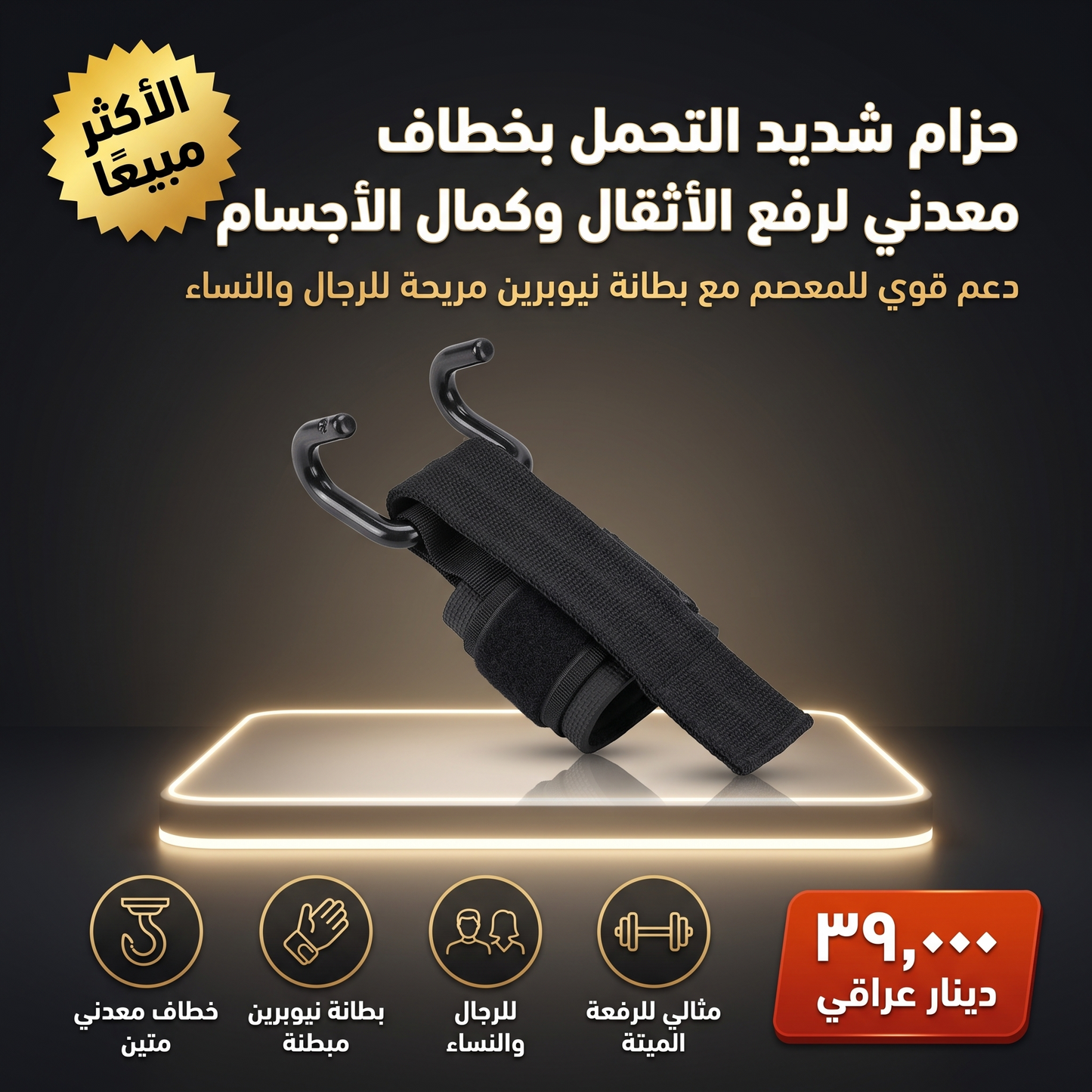 حزام شديد التحمل بخطاف معدني لرفع الأثقال وكمال الأجسام والرفعة الميتة - لفافات معصم مبطنة بالنيوبرين توفر الدعم للرجال والنساء